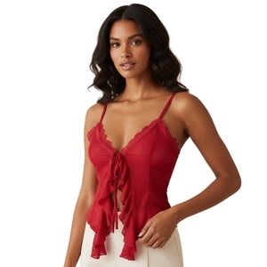 Cider Red Floral Lace Tie Front Cami Y2K Style Ruffle Trim Fairycore Tank Size M